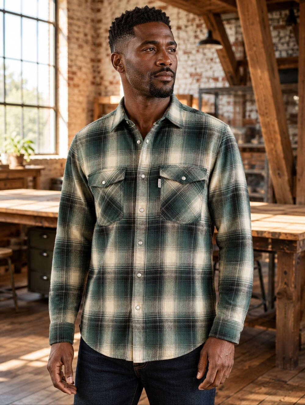 Carhartt Trumbull 102218 Hunter Green Plaid Pearl Snap Flannel Shirt M